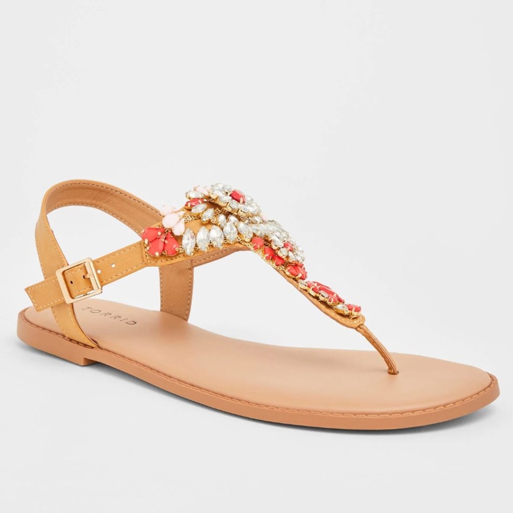 Torrid Tan Rhinestone T-Strap Thong Sandals Shoes - Picture 2 of 8